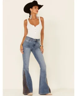 Shyanne Women's Mid Wash Crochet Embroidered Inset High Rise Flare Denim Jeans -Shyanne Store 2000342607 420 P1