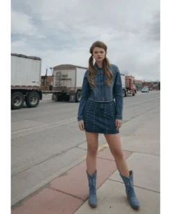 Shyanne Women's Medium Dark Wash Cropped Fray Denim Jacket 9 Shyanne Women's Medium Dark Wash Cropped Fray Denim Jacket -Shyanne Store 2000358731 414 P1