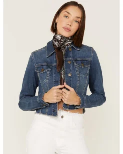 Shyanne Women's Medium Dark Wash Cropped Fray Denim Jacket 7 Shyanne Women's Medium Dark Wash Cropped Fray Denim Jacket -Shyanne Store 2000358731 414 P2