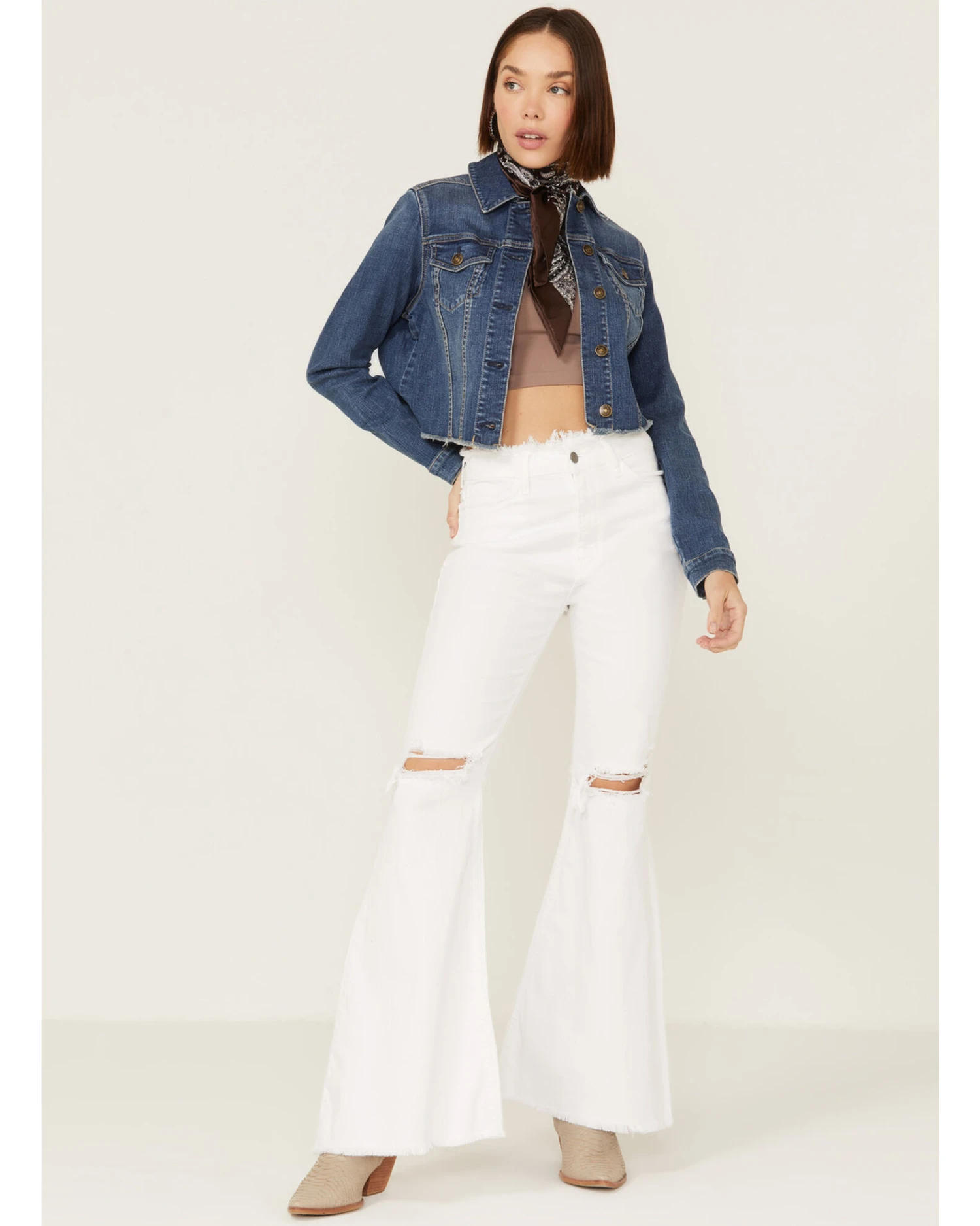 Shyanne Women's Medium Dark Wash Cropped Fray Denim Jacket 2 Shyanne Women's Medium Dark Wash Cropped Fray Denim Jacket - Image 2