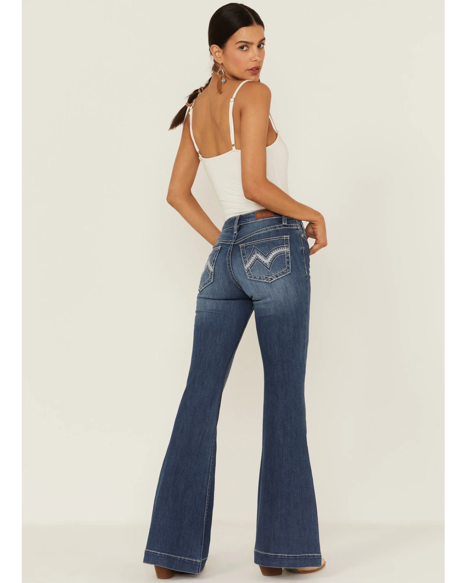 Shyanne Women's Dark Wash Mid Embroidered Scoop Pocket Flare Jeans 1 Shyanne Women's Dark Wash Mid Embroidered Scoop Pocket Flare Jeans