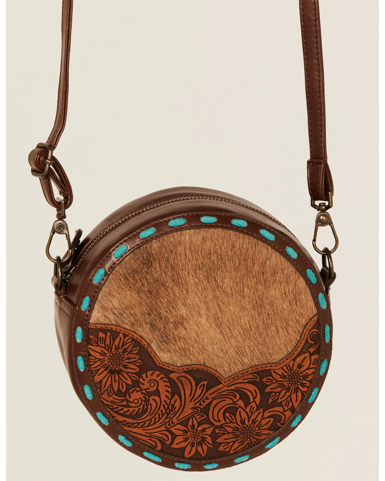Shyanne Women's Hair-On Tooled Round Crossbody Bag 1 Shyanne Women's Hair-On Tooled Round Crossbody Bag