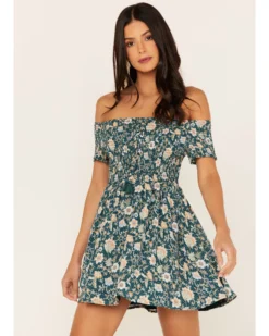 Shyanne Women's Floral Print Smocked Off Shoulder Dress -Shyanne Store 2000364762 443 P1