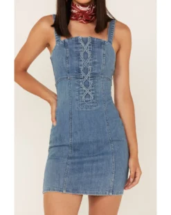 Shyanne Women's Light Wash Lace-Up Denim Mini Dress -Shyanne Store 2000364775 412 P3