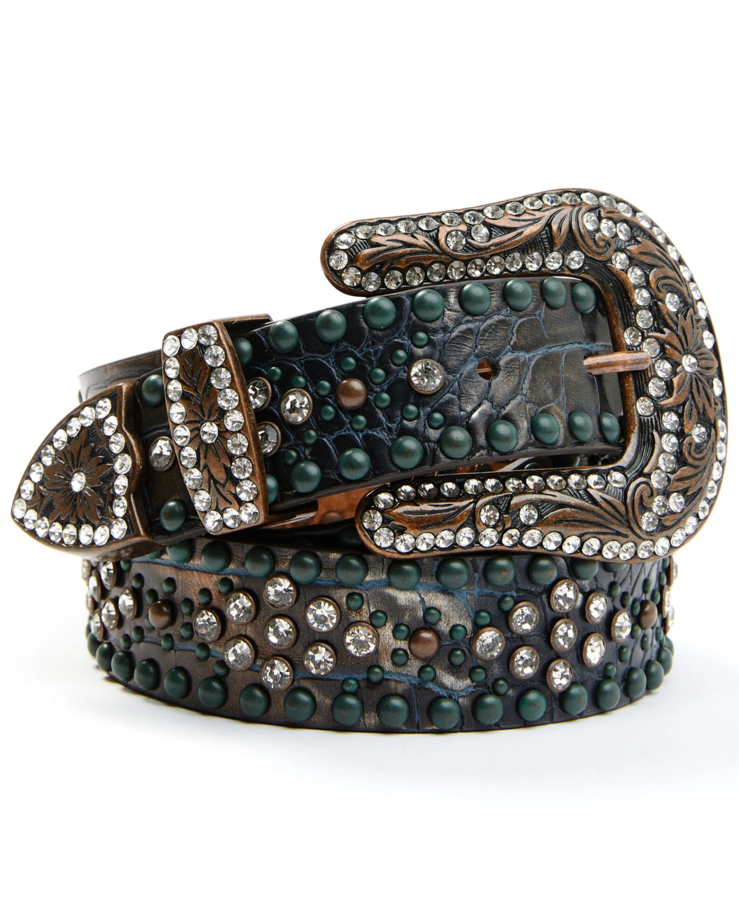 Shyanne Women's Copper Distressed Croc Turquoise & Rhinestone Bling Belt 2 Shyanne Women's Copper Distressed Croc Turquoise & Rhinestone Bling Belt - Image 2