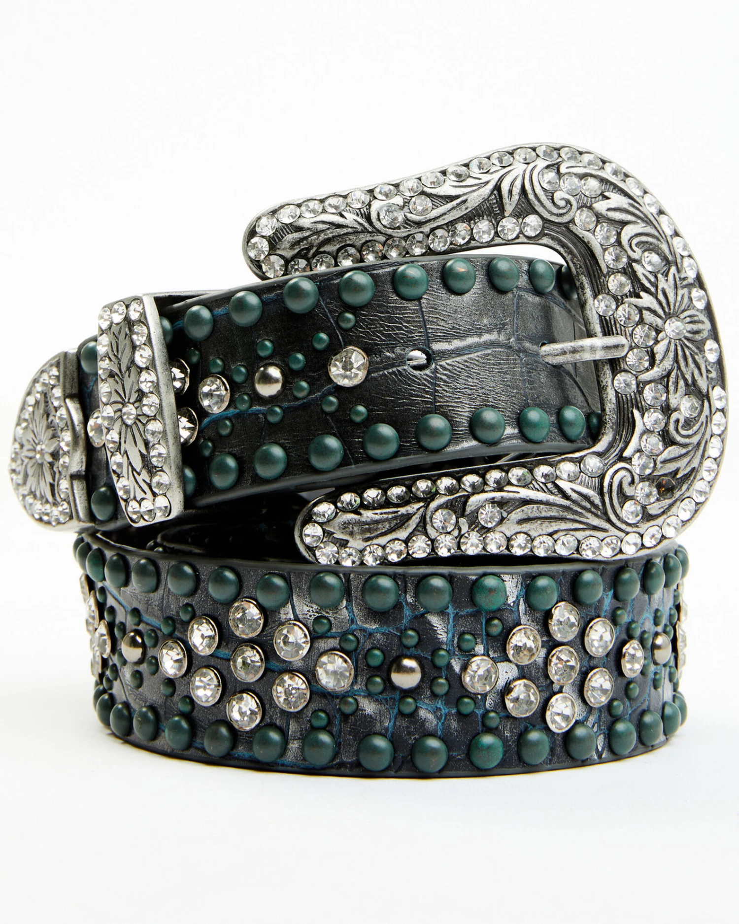 Shyanne Women's Silver Distressed Croc Turquoise & Rhinestone Bling Belt 1 Shyanne Women's Silver Distressed Croc Turquoise & Rhinestone Bling Belt