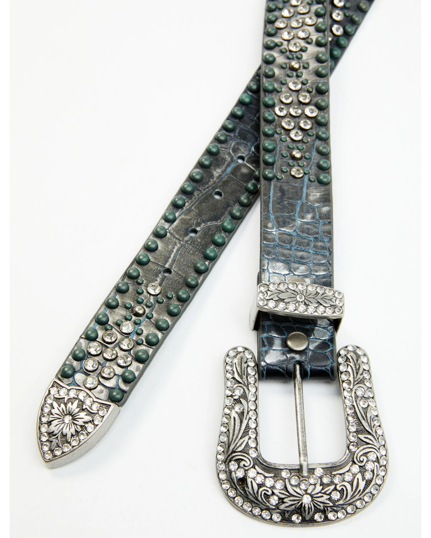 Shyanne Women's Silver Distressed Croc Turquoise & Rhinestone Bling Belt 2 Shyanne Women's Silver Distressed Croc Turquoise & Rhinestone Bling Belt - Image 2