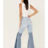 Shyanne Women's Two Tone Seamed Light Wash High Rise Flare Jeans