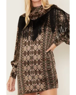 Shyanne Women's Long Sleeve Satin Fringe Mode Dress -Shyanne Store 2000380639 001 P2