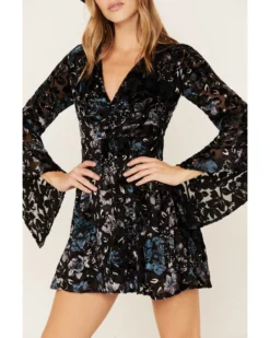 Shyanne Women's Flare Sleeve Burn Out Velvet Dress