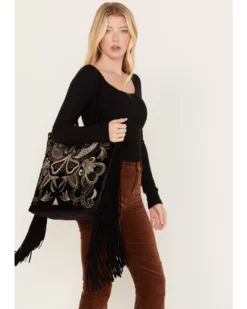 Shyanne Women's Velvet Embroidered Beaded & Fringe Tote Handbag -Shyanne Store 2000381106 001 P1