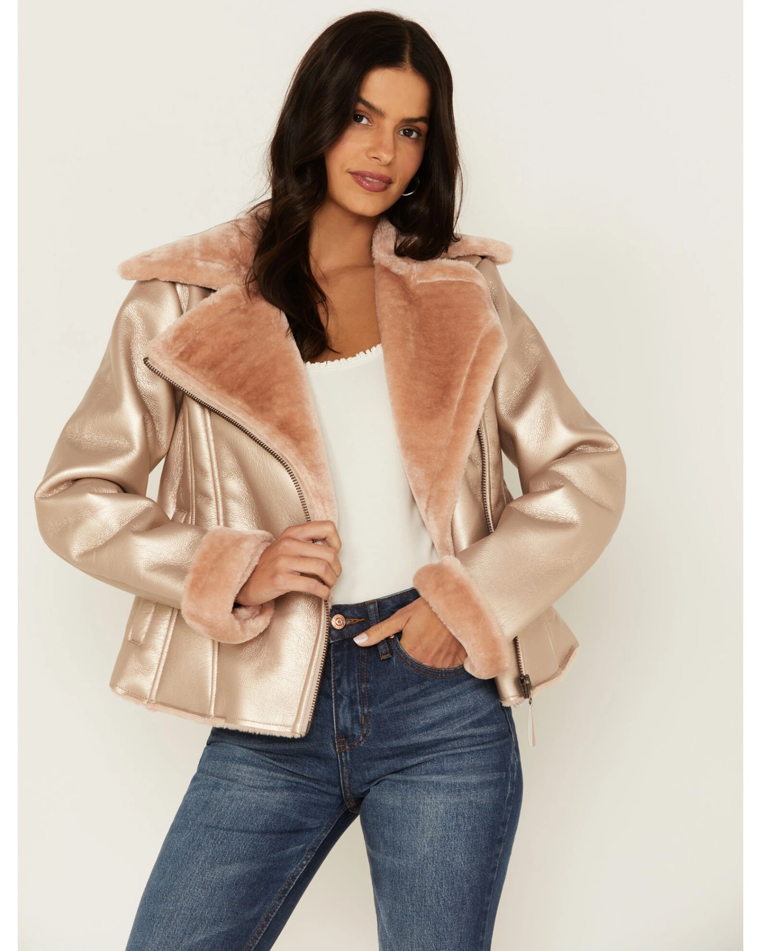 Shyanne Women's Lux Metallic Faux Shearling Jacket 2 Shyanne Women's Lux Metallic Faux Shearling Jacket - Image 2