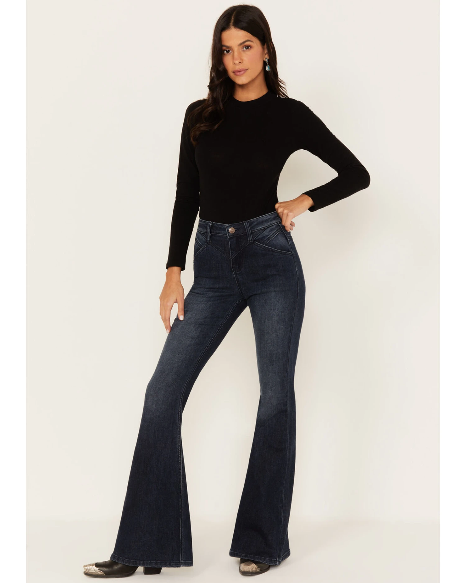 Shyanne Women's Dark Wash High Rise Eden Stretch Flare Jeans 1 Shyanne Women's Dark Wash High Rise Eden Stretch Flare Jeans