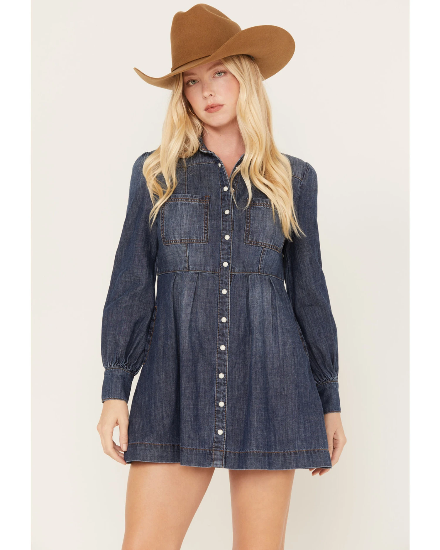Shyanne Women's Medium Wash Long Sleeve Denim Shirt Dress 3 Shyanne Women's Medium Wash Long Sleeve Denim Shirt Dress - Image 3