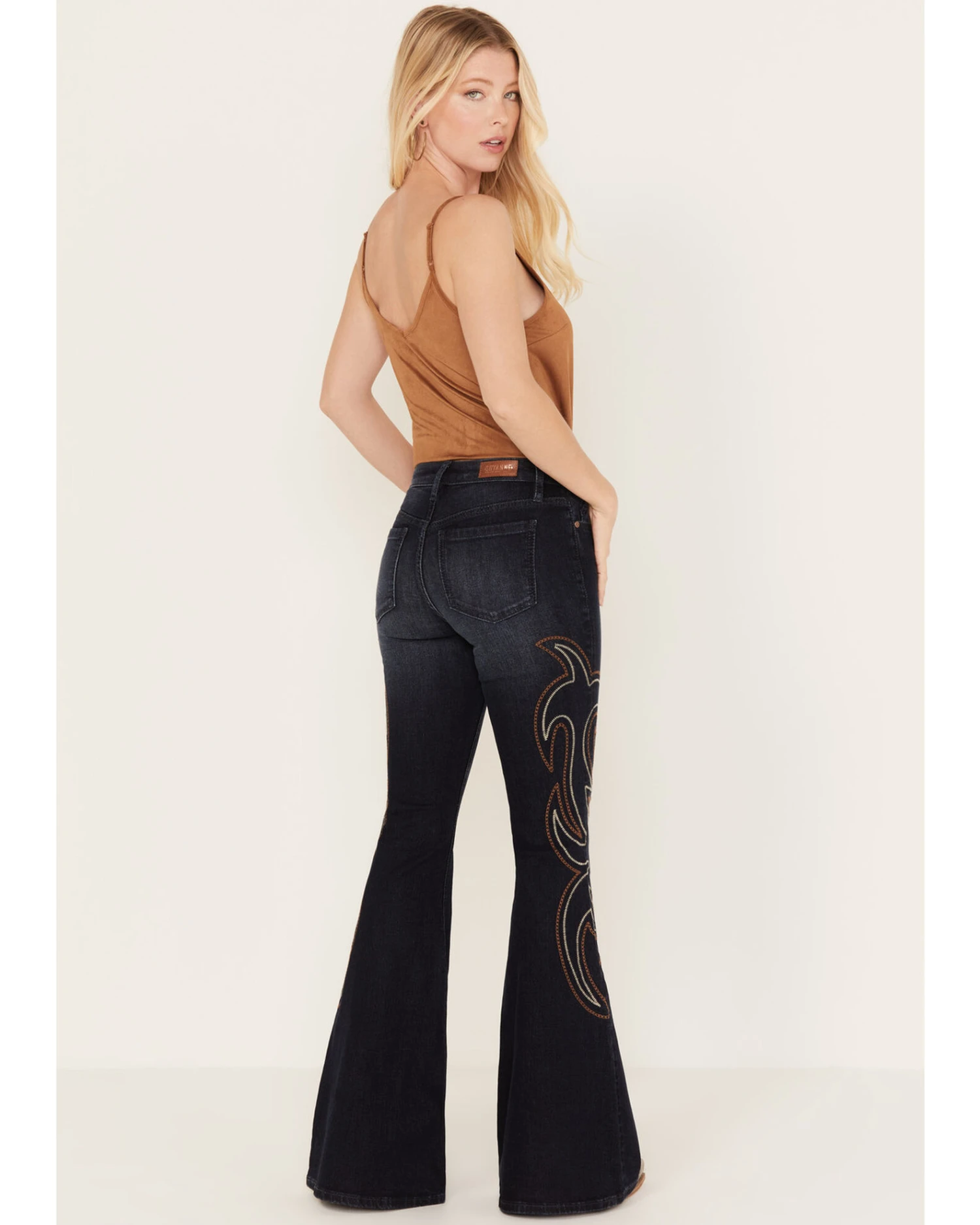 Shyanne Women's Dark Wash Mid Rise Embroidered Flare Jeans 1 Shyanne Women's Dark Wash Mid Rise Embroidered Flare Jeans