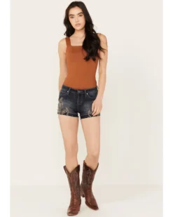 Shyanne Women's Dark Medium Wash Mid Rise Embroidered Stretch Denim Shorts