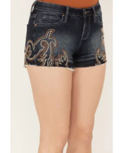 Shyanne Women's Dark Medium Wash Mid Rise Embroidered Stretch Denim Shorts 7 Shyanne Women's Dark Medium Wash Mid Rise Embroidered Stretch Denim Shorts -Shyanne Store 2000382924 415 P2