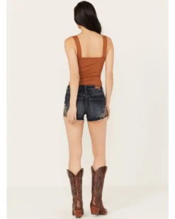 Shyanne Women's Dark Medium Wash Mid Rise Embroidered Stretch Denim Shorts 6 Shyanne Women's Dark Medium Wash Mid Rise Embroidered Stretch Denim Shorts -Shyanne Store 2000382924 415 P3