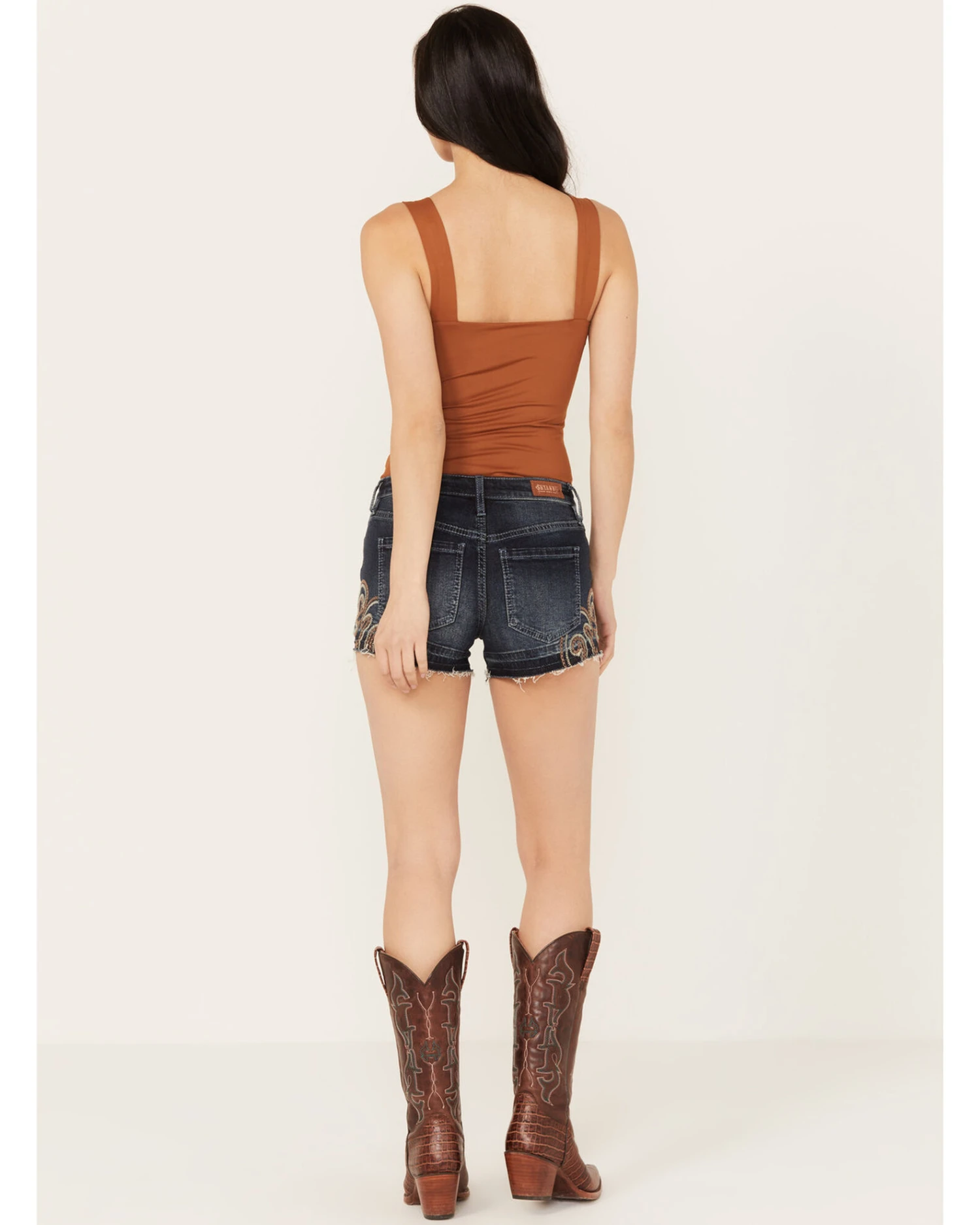 Shyanne Women's Dark Medium Wash Mid Rise Embroidered Stretch Denim Shorts 3 Shyanne Women's Dark Medium Wash Mid Rise Embroidered Stretch Denim Shorts - Image 3