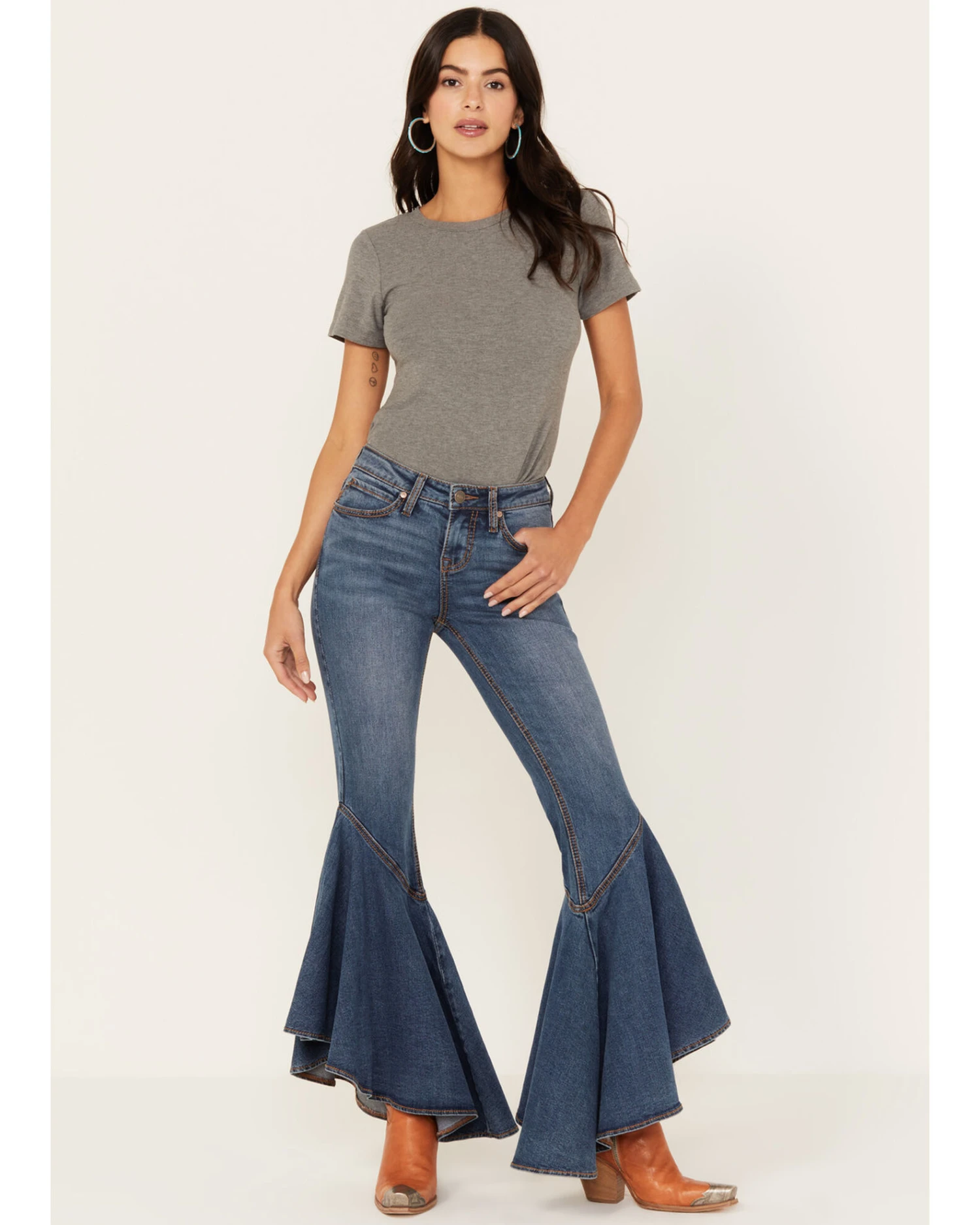 Shyanne Women's Medium Wash High Rise Ruffled Super Flare Stretch Jeans 1 Shyanne Women's Medium Wash High Rise Ruffled Super Flare Stretch Jeans