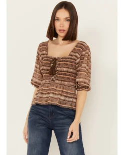 Shyanne Women's Smocked Lace-Up Print Top -Shyanne Store 2000387036 210 P1