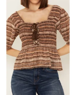 Shyanne Women's Smocked Lace-Up Print Top -Shyanne Store 2000387036 210 P3